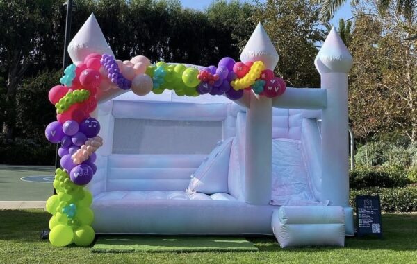 Beautifully Decorated Tie Dye White Colored Combo bounce house with Balloons